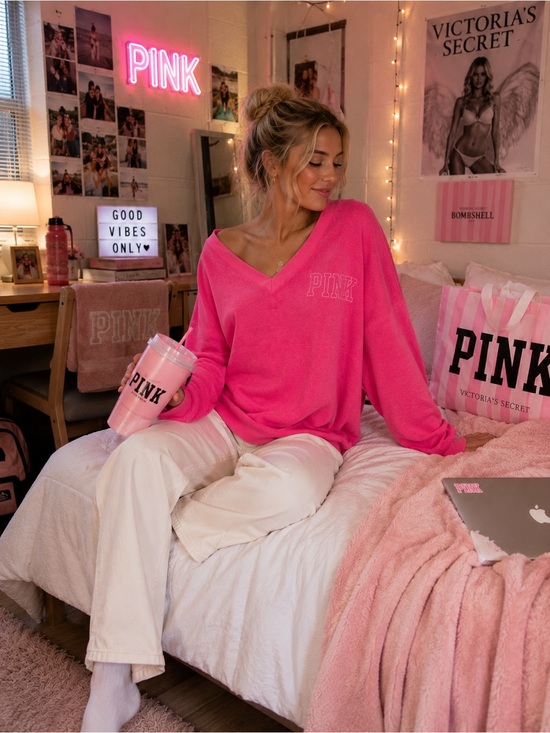 PINK Victoria's Secret Tops - PINK VICTORIA’S SECRET PULLOVER VELOUR SWEATSHIRT V NECK TOP SZ M NWT